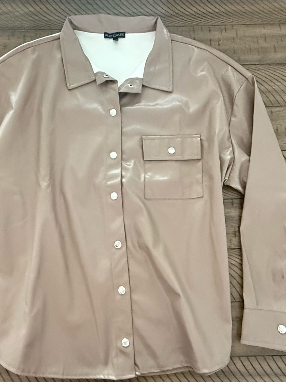 Taupe Faux Leather Button-Down Shirt Jacket
